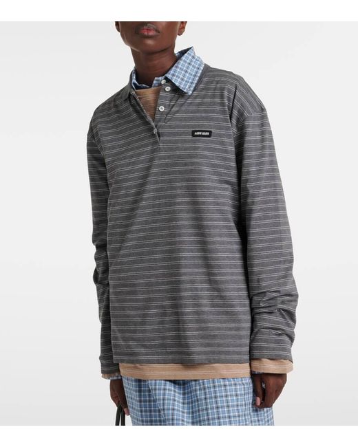 Miu Miu Gray Striped Cotton Jersey Polo Shirt