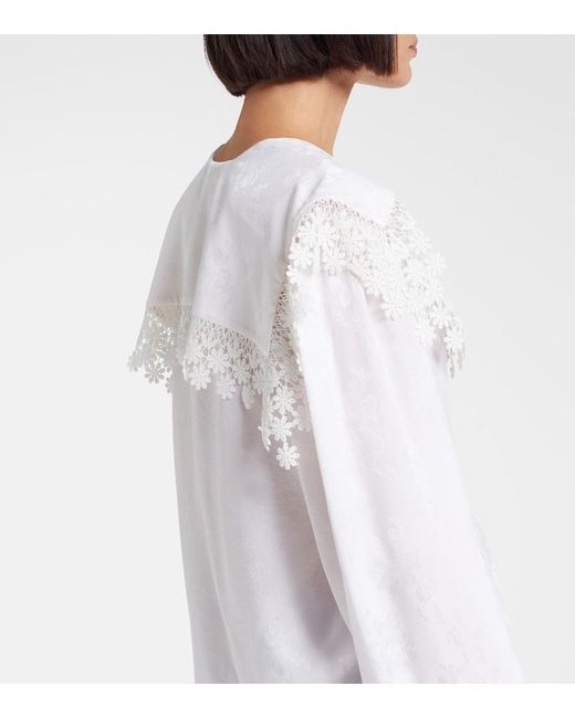 Chloé White Lace-Trimmed Floral Jacquard Silk Blouse