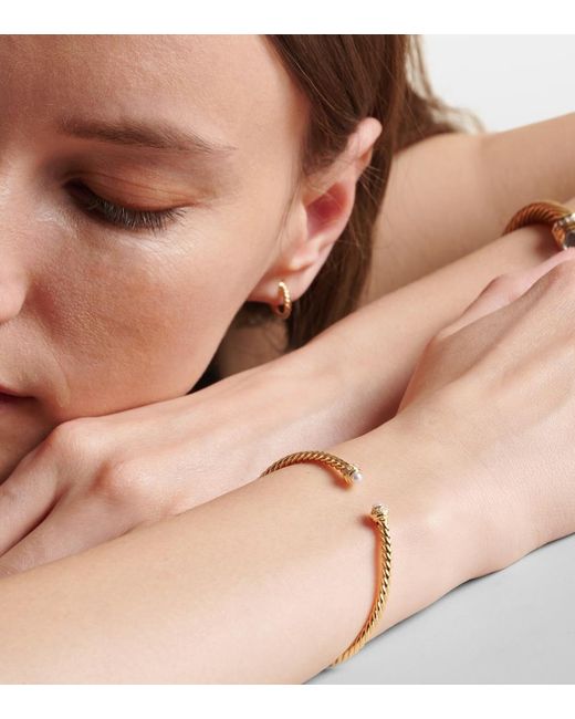 David Yurman Metallic Cablespira Flex 18Kt Cuff Bracelet With Freshwater Pearls And Diamonds