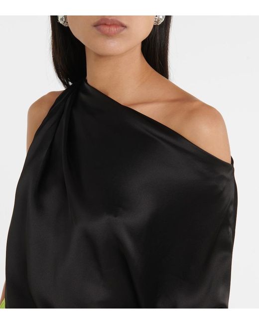 The Sei Black Draped One-Shoulder Silk Satin Top