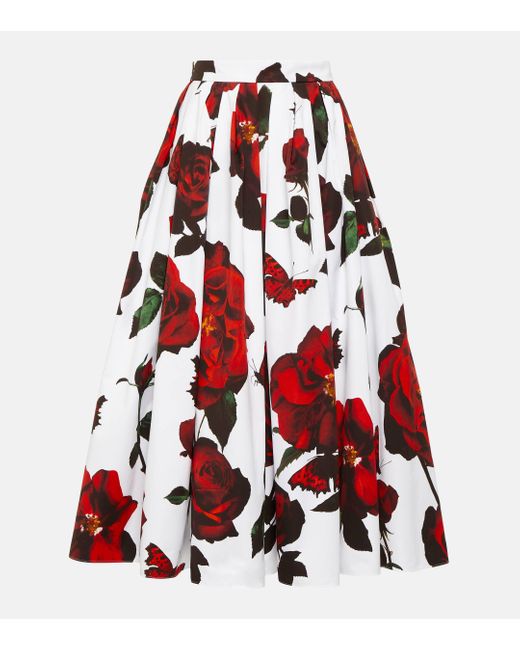 Alexander McQueen Red Pleated Floral Cotton Midi Skirt