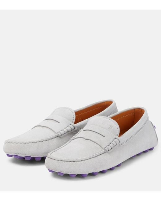 Tod's White Gommini Bubble Suede Driving Shoes