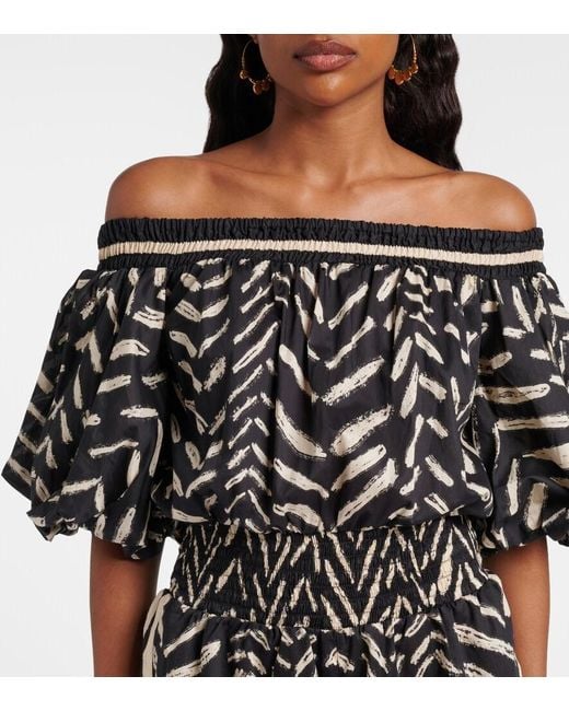 Johanna Ortiz Black Printed Off-Shoulder Cotton Romper