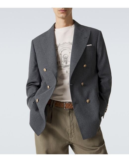 Brunello Cucinelli Blue Wool, Cotton, And Silk Blazer for men