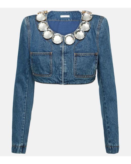 Giacca Di Jeans Cropped Con Cristalli di Area in Blue