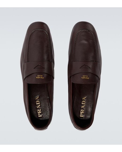 Prada Brown Logo Leather Penny Loafers for men