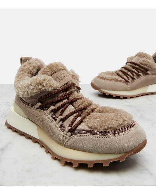 Brunello Cucinelli Brown Shearling-Lined Suede Sneakers