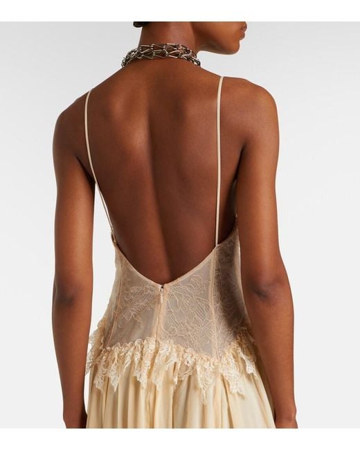 Blumarine Natural Lace-Trimmed Georgette Maxi Dress