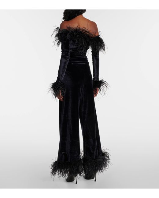 Oseree Black Feather-trimmed Velvet Wide-leg Pants