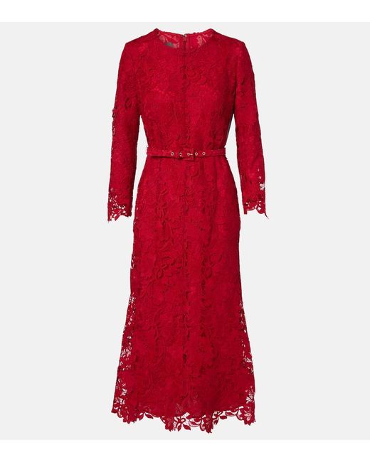 Monique Lhuillier Red Belted Lace Midi Dress