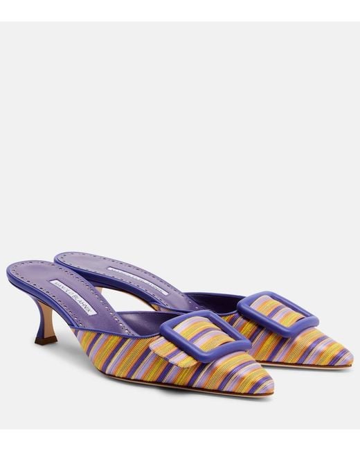 Manolo Blahnik Blue Maysalebi Striped Leather-Trimmed Mules