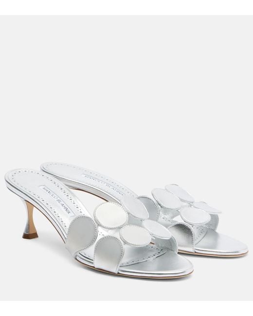 Manolo Blahnik White Haribalmu 50 Metallic Leather Mules