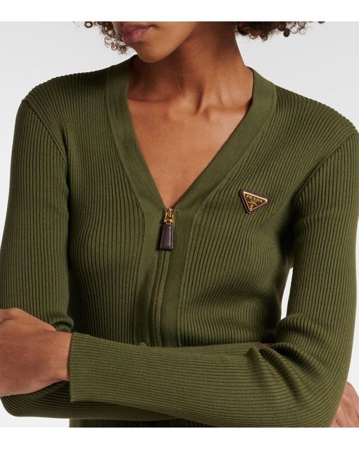 Cardigan de algodon acanalado con logo Prada de color Green