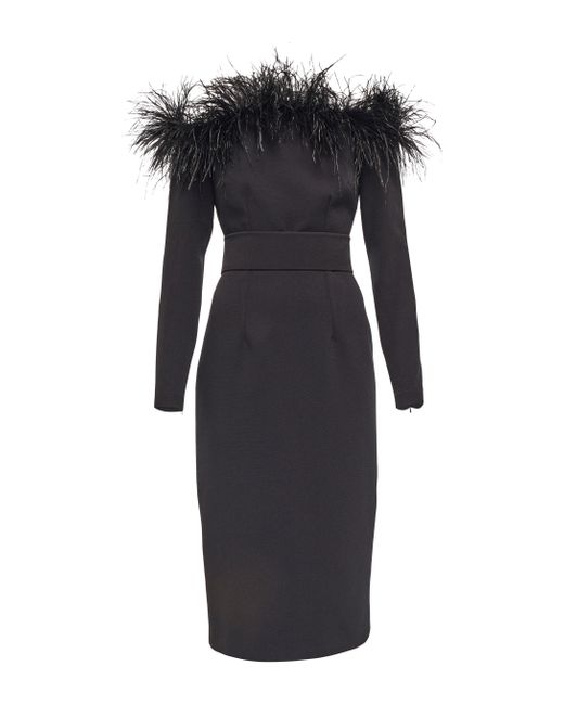 Safiyaa Feather-trimmed Midi Dress in Black | Lyst