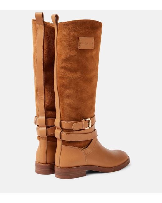 See By Chloé Brown Anim Suede-Trimmed Leather Knee-High Boots