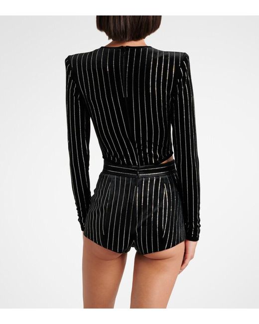 Alex Perry Black Crystal-Embellished Pinstripe Velvet Bodysuit