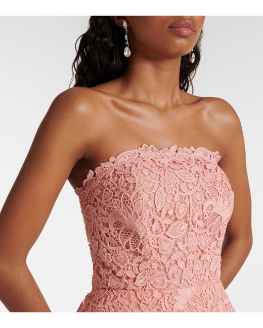 Carolina Herrera Pink Strapless Guipure Lace Midi Dress