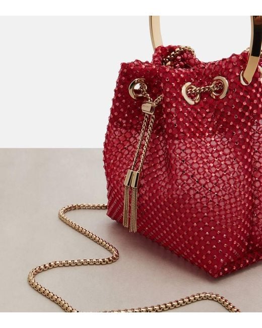Jimmy Choo Red Bon Bon Small Embellished Satin Bucket Bag