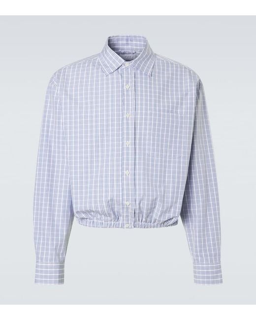 Prada Blue Checked Gathered Cotton Shirt for men