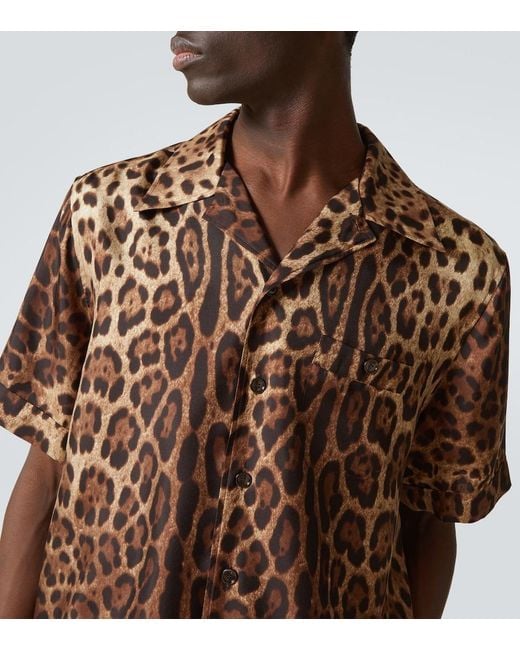 Dolce & Gabbana Brown Bowling Shirt With Cuban Collar And All-Over Leopard Print for men