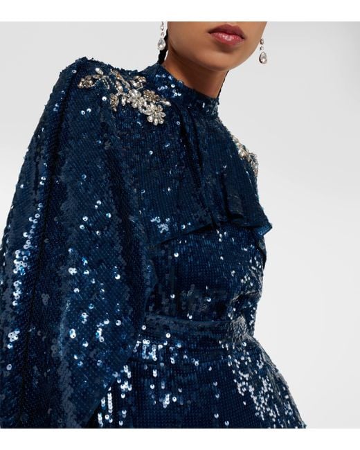 Erdem Blue Caped Sequined Gown