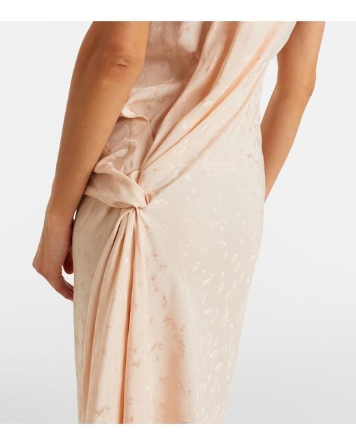 Victoria Beckham Natural Asymmetric Draped Floral Satin Midi Dress