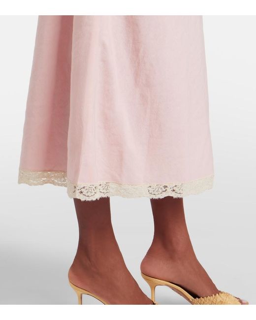 Rixo Pink Clarice Lace-Trimmed Linen-Blend Midi Dress