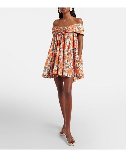 Chloé Orange Floral Pleated Cotton Poplin Minidress