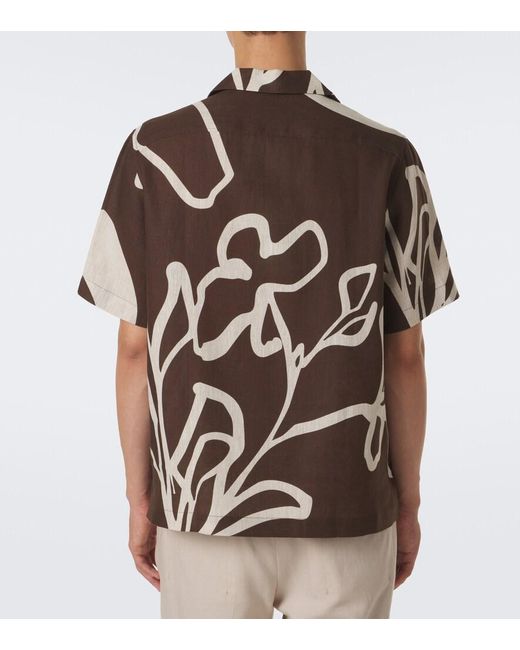 Frescobol Carioca Brown Printed Linen Bowling Shirt for men
