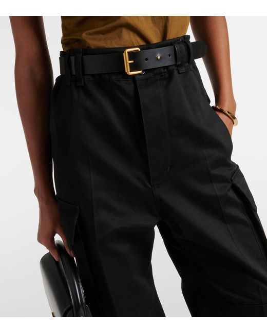 Saint Laurent Black Leather-trimmed Cotton Wide-leg Pants