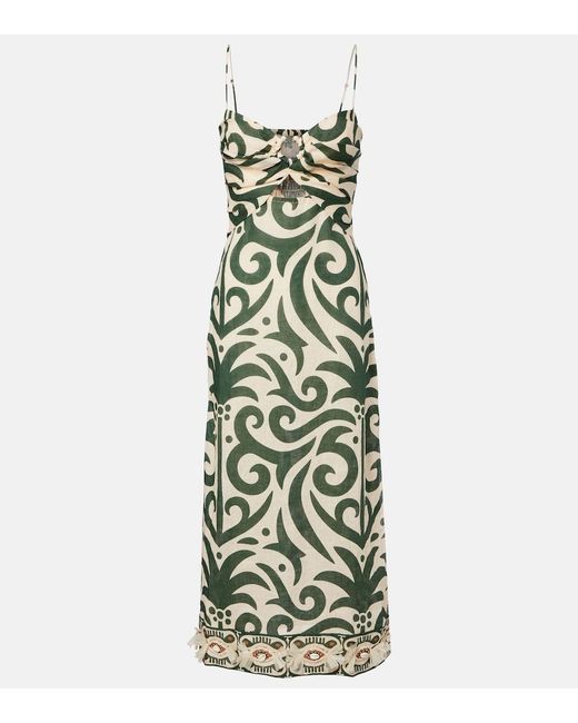 Johanna Ortiz Green Printed Linen Midi Dress