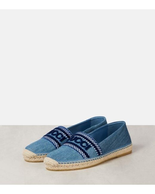 Gucci Blue Ines Embroidered Appliquéd Denim Espadrilles