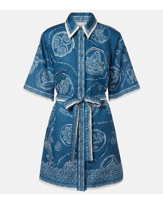 ALÉMAIS Blue Lucky Belted Printed Linen Shirt Dress
