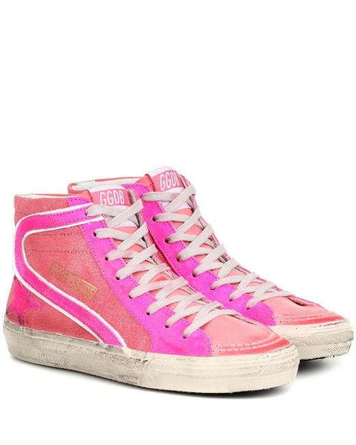Golden Goose Deluxe Brand Pink Slide High Top Denim Sneakers