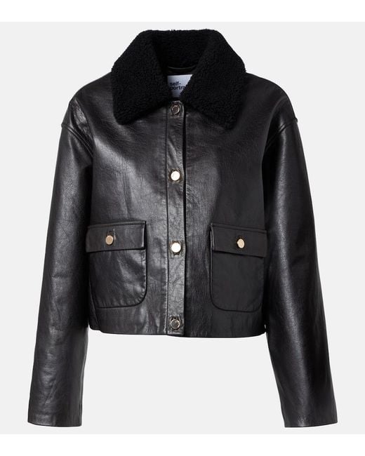 Self-Portrait Black Shearling-Trimmed Leather Jacket