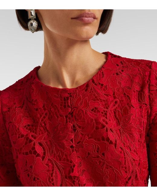 Monique Lhuillier Red Belted Lace Midi Dress