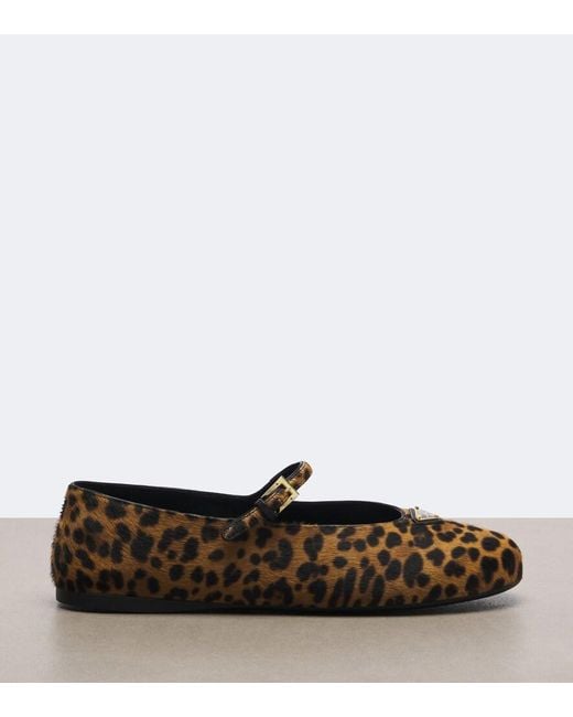 Prada Brown Leopard-Print Calf Hair Mary Jane Flats