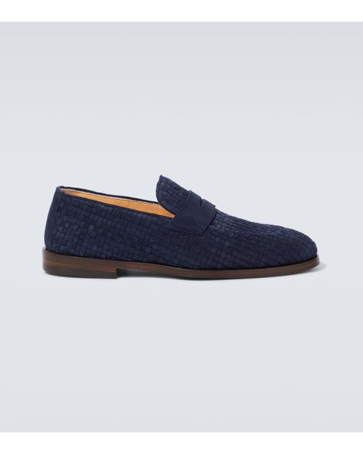 Brunello Cucinelli Blue Woven Suede Penny Loafers for men