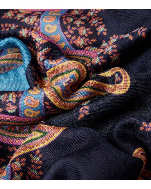 Etro Blue Floral Wool Cashmere And Silk Scarf