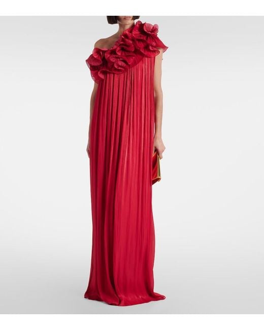 Costarellos Red Charmain Ruffled Georgette Lame Gown