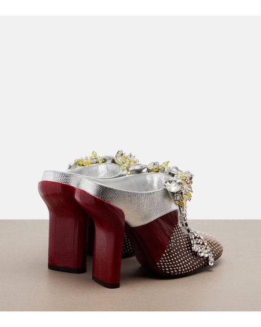 Dries Van Noten Red Embellished Patchwork Leather Mules