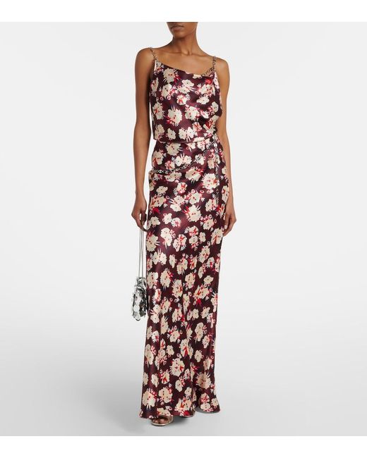 Rabanne Red Chain-Detail Floral Silk Maxi Skirt