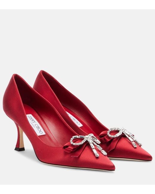 Jimmy Choo Red Auria 70 Embellished Satin Pumps