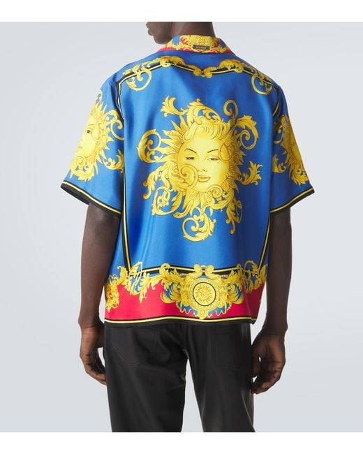 Versace Blue Printed Silk Bowling Shirt for men