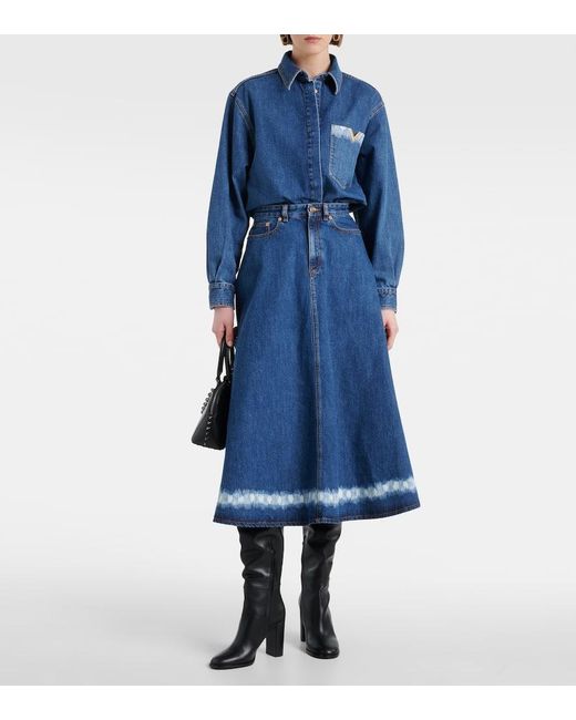 Valentino Blue Vgold Distressed Denim Midi Skirt