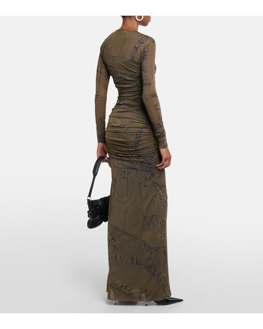 Blumarine Green Printed Ruched Jersey Maxi Dress