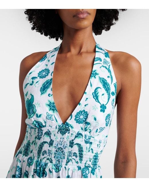 Heidi Klein Blue Kos Paisley Shirred Linen Maxi Dress