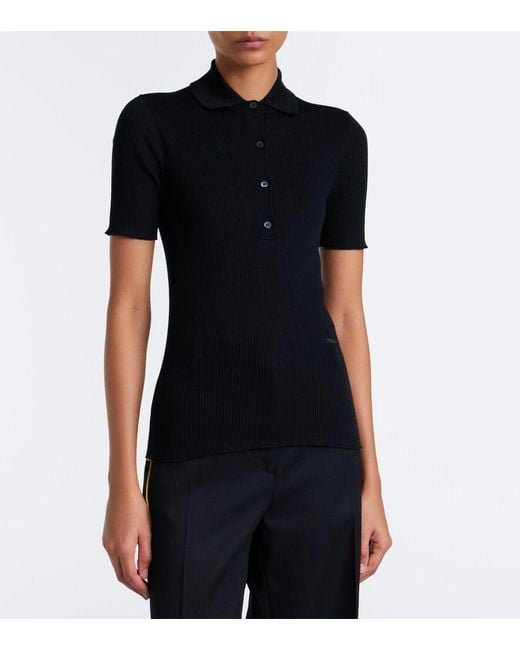 Fendi Black Ribbed-Knit Wool-Blend Polo Shirt