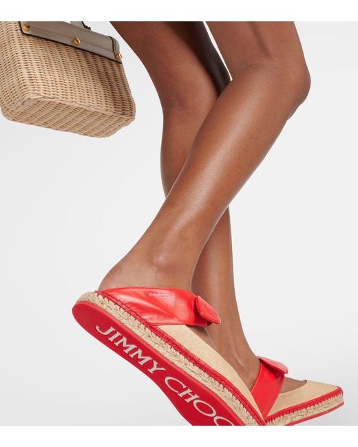 Jimmy Choo Red Reka Leather And Raffia Espadrilles