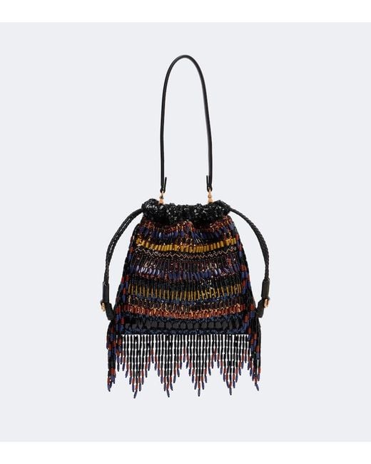 Etro Black Kalispera Small Beaded Fringed Shoulder Bag
